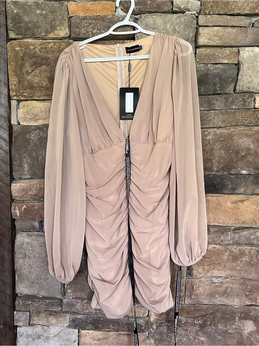 PrettyLittleThing Nude Ruched Long Sleeve Mini Dress NWT Size 12